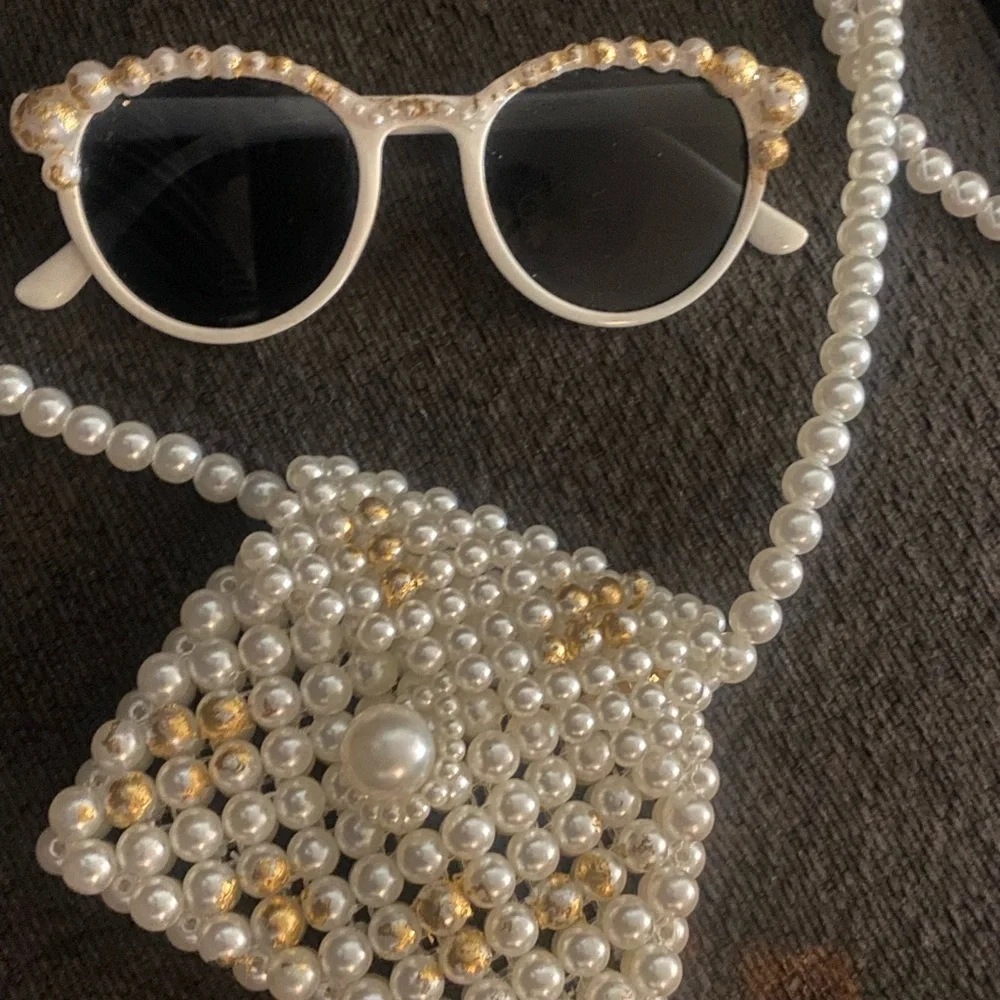 Handmade Elegant Pearl and Gold girls Sunglasses and Bag Set